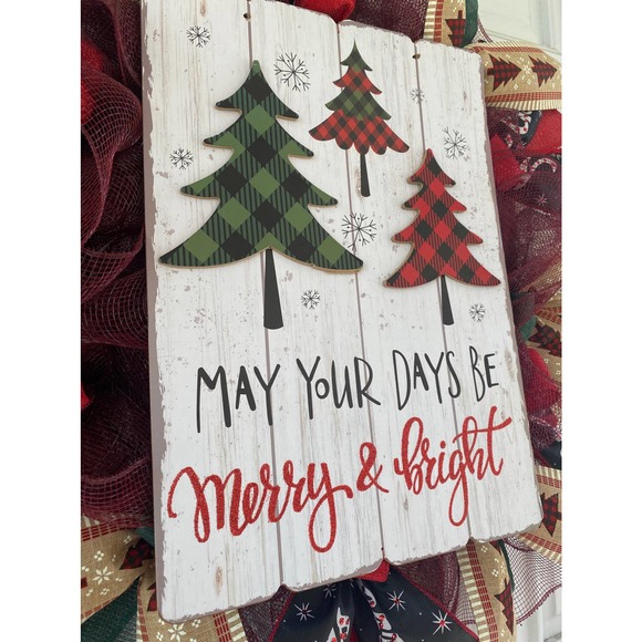 May Your Days Be Merry and Bright Buffalo Check Christmas Tree Deco Mesh Wreath - Picture 2 of 7